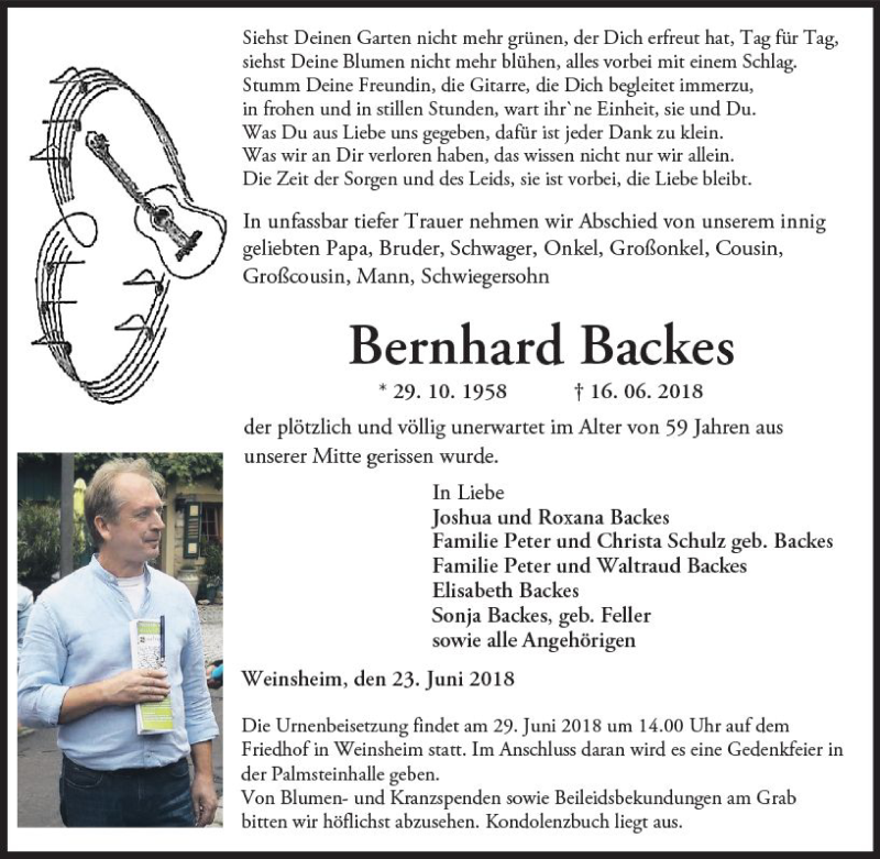  Traueranzeige für Bernhard Backes vom 23.06.2018 aus Trauerportal Rhein Main Presse