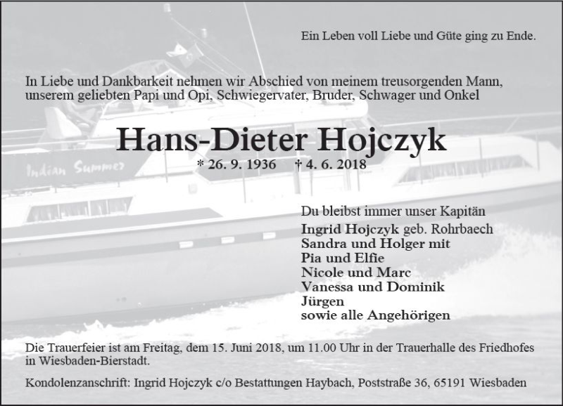  Traueranzeige für Hans-Dieter Hojczyk vom 09.06.2018 aus Trauerportal Rhein Main Presse