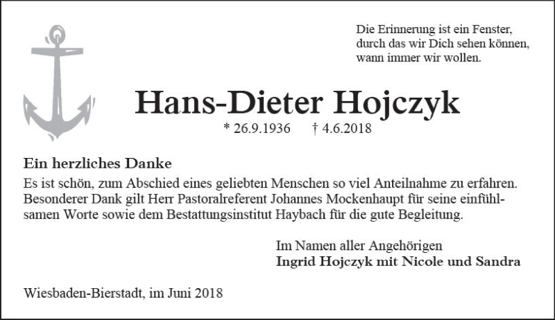  Traueranzeige für Hans-Dieter Hojczyk vom 30.06.2018 aus Trauerportal Rhein Main Presse