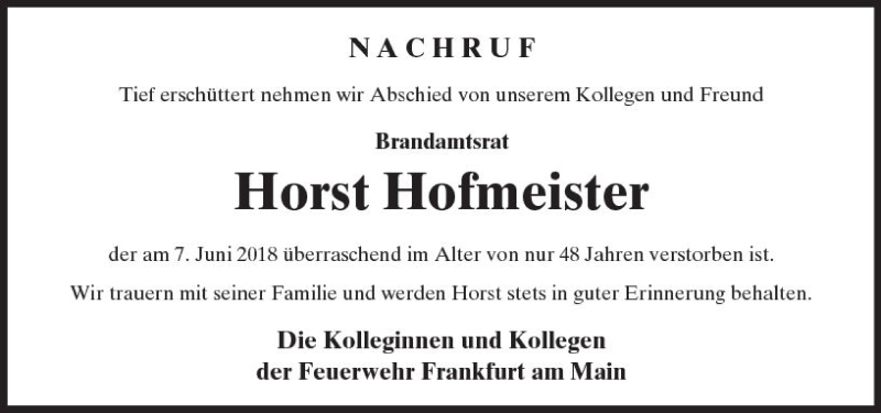  Traueranzeige für Horst Hofmeister vom 13.06.2018 aus  Kreisanzeiger