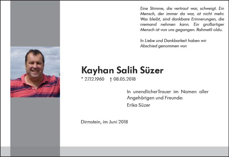  Traueranzeige für Kayhan Salih Süzer vom 02.06.2018 aus Trauerportal Rhein Main Presse
