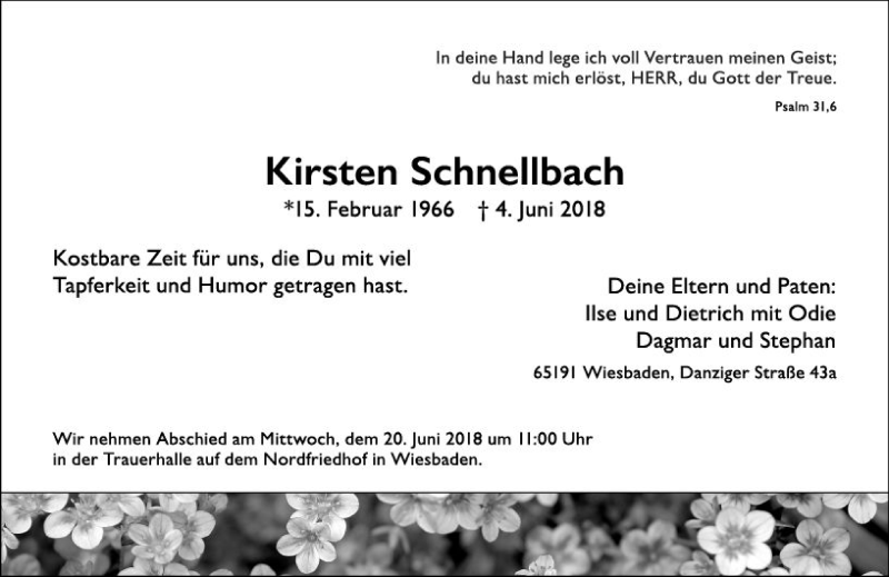  Traueranzeige für Kirsten Schnellbach vom 09.06.2018 aus Trauerportal Rhein Main Presse
