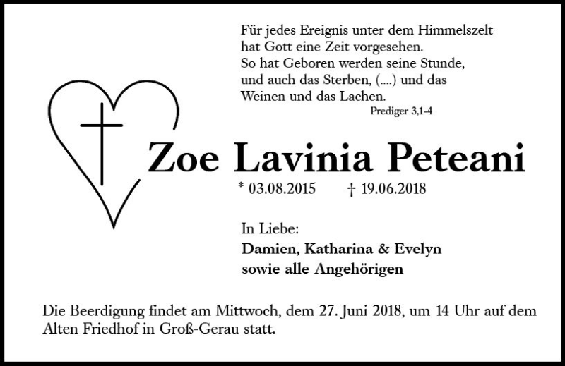  Traueranzeige für Zoe Lavinia Peteani vom 23.06.2018 aus Trauerportal Rhein Main Presse
