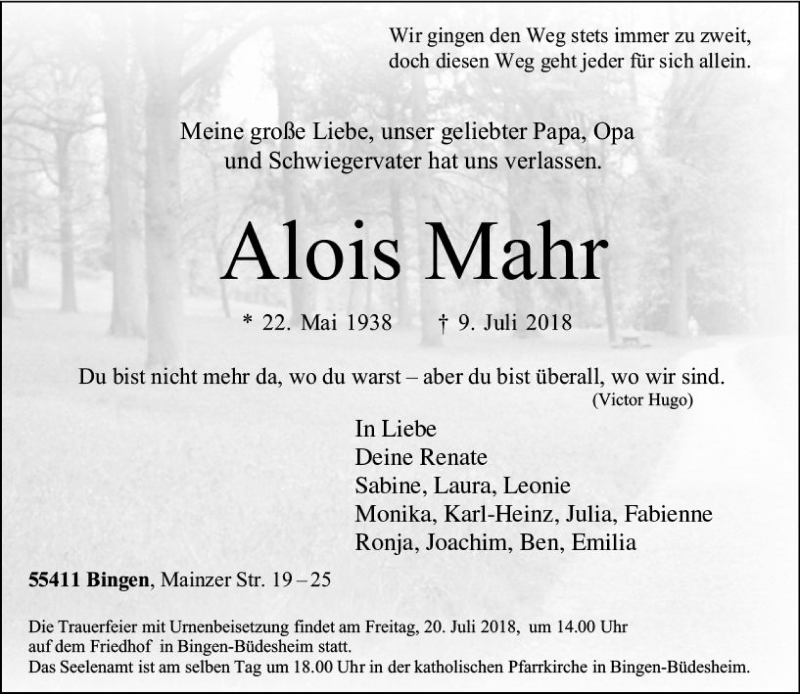  Traueranzeige für Alois Mahr vom 14.07.2018 aus vrm-trauer