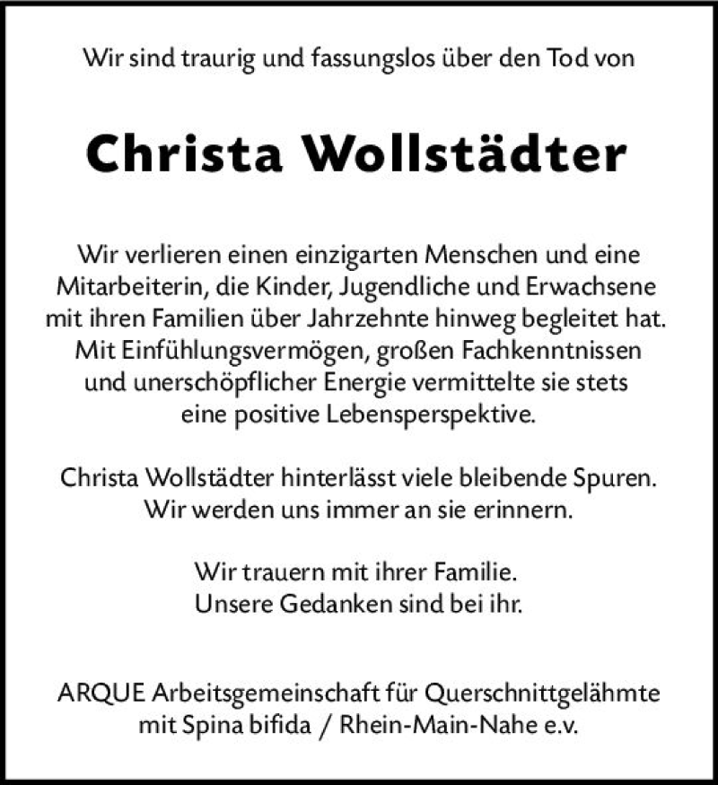  Traueranzeige für Christa Wollstädter vom 09.07.2018 aus vrm-trauer