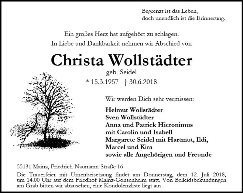  Traueranzeige für Christa Wollstädter vom 07.07.2018 aus vrm-trauer