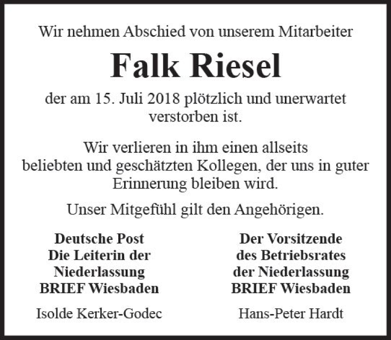  Traueranzeige für Falk Riesel vom 21.07.2018 aus vrm-trauer