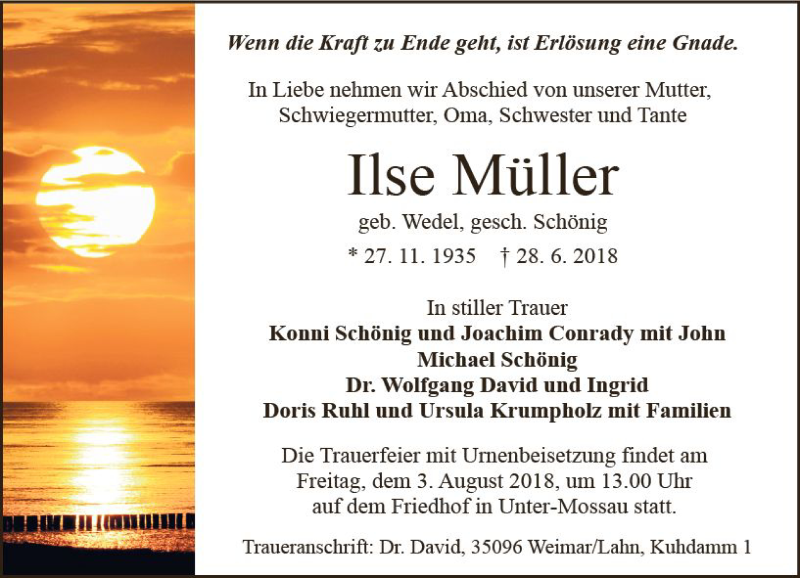  Traueranzeige für Ilse Müller vom 28.07.2018 aus vrm-trauer