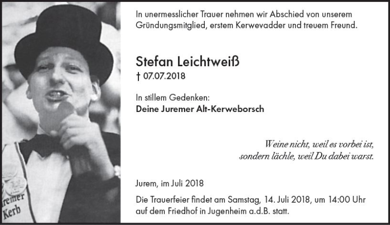  Traueranzeige für Stefan Leichtweiß vom 14.07.2018 aus vrm-trauer
