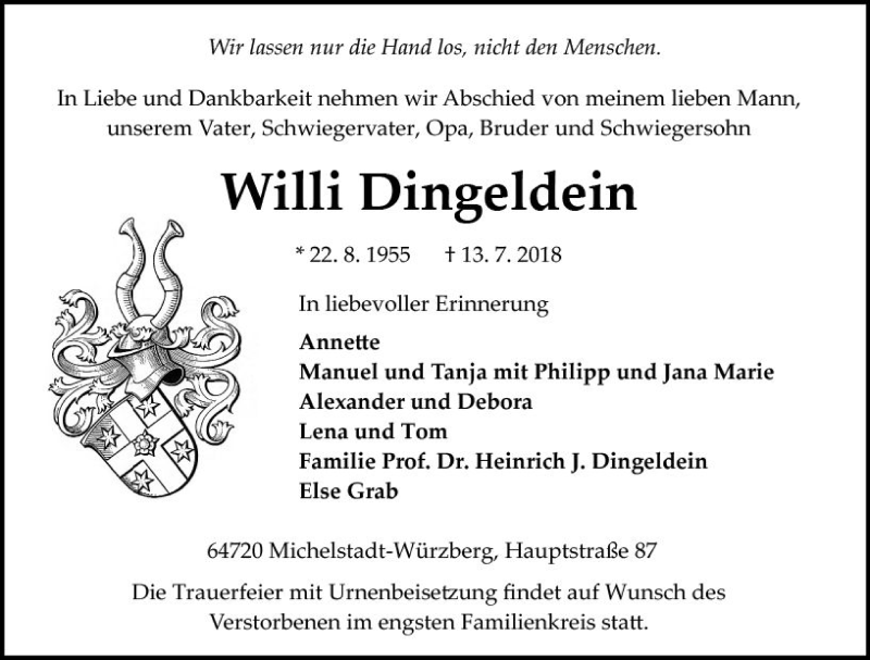  Traueranzeige für Willi Dingeldein vom 18.07.2018 aus vrm-trauer
