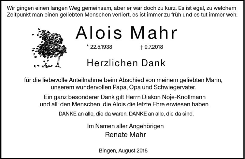  Traueranzeige für Alois Mahr vom 04.08.2018 aus vrm-trauer