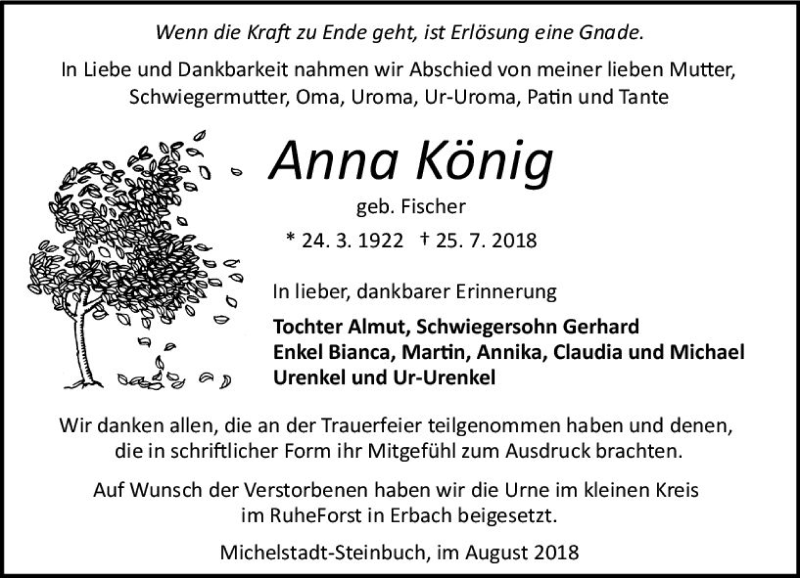  Traueranzeige für Anna König vom 18.08.2018 aus vrm-trauer