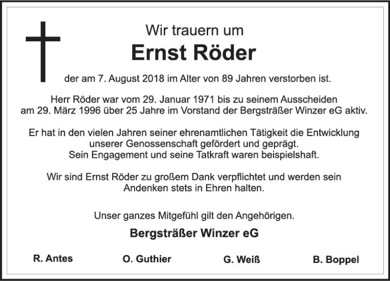  Traueranzeige für Ernst Röder vom 15.08.2018 aus vrm-trauer