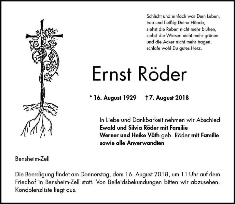  Traueranzeige für Ernst Röder vom 11.08.2018 aus vrm-trauer