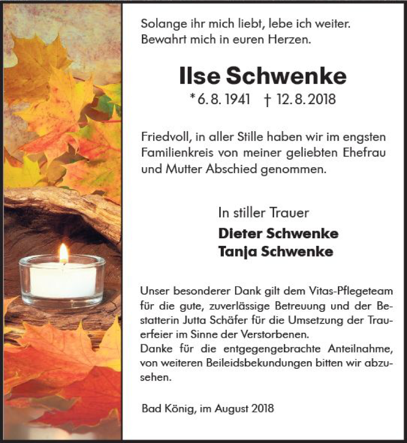  Traueranzeige für Ilse Schwenke vom 25.08.2018 aus vrm-trauer