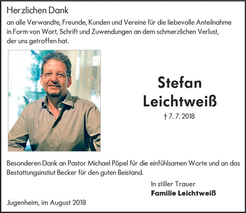  Traueranzeige für Stefan Leichtweiß vom 04.08.2018 aus vrm-trauer