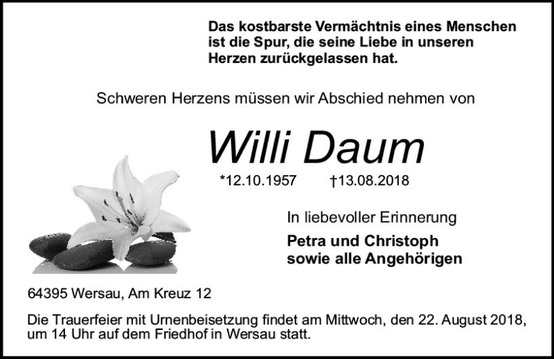  Traueranzeige für Willi Daum vom 18.08.2018 aus vrm-trauer