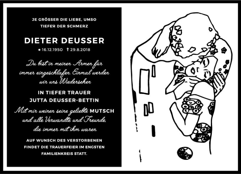  Traueranzeige für Dieter Deusser vom 15.09.2018 aus vrm-trauer