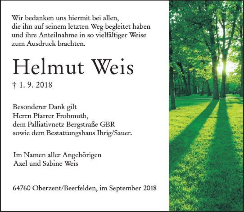  Traueranzeige für Helmut Weis vom 22.09.2018 aus vrm-trauer
