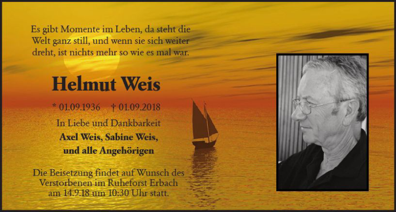  Traueranzeige für Helmut Weis vom 12.09.2018 aus vrm-trauer