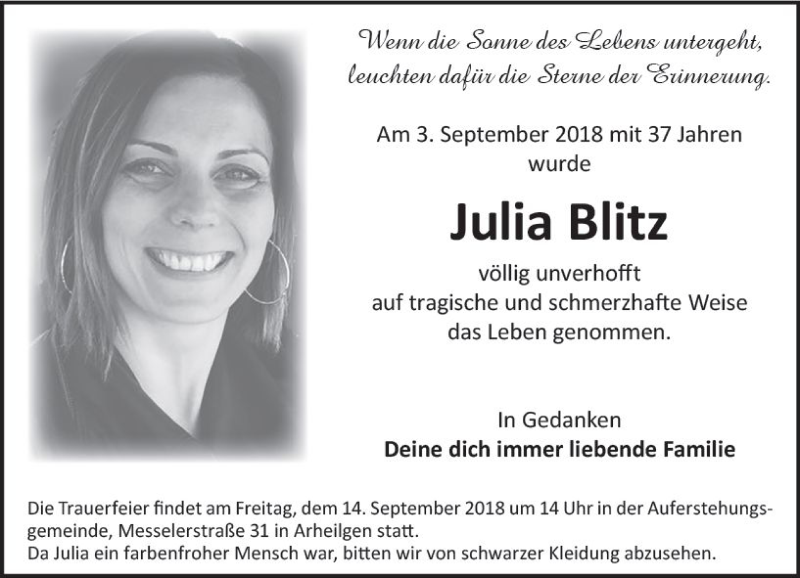  Traueranzeige für Julia Blitz vom 13.09.2018 aus vrm-trauer