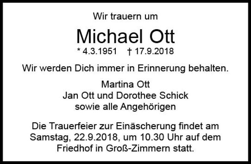  Traueranzeige für Michael Ott vom 21.09.2018 aus vrm-trauer
