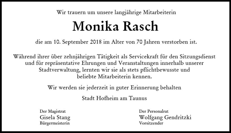  Traueranzeige für Monika Rasch vom 14.09.2018 aus vrm-trauer