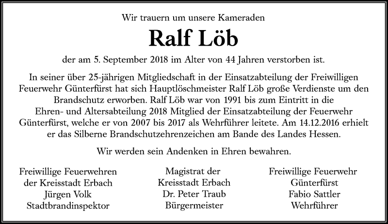  Traueranzeige für Ralf Löb vom 19.09.2018 aus vrm-trauer