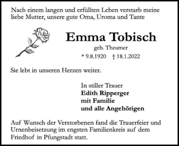 Traueranzeige von Emma Tobisch von vrm-trauer Darmstädter Echo