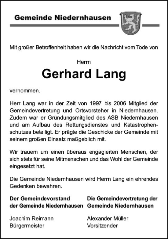 Traueranzeige von Gerhard Lang von vrm-trauer Idsteiner Zeitung