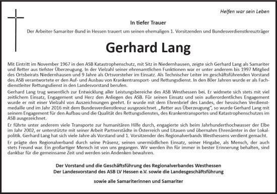 Traueranzeige von Gerhard Lang von vrm-trauer Wiesbadener Kurier