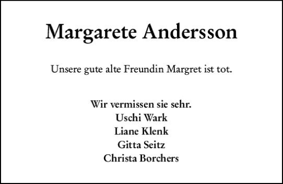 Traueranzeige von Margarete Andersson von vrm-trauer Wiesbadener Kurier