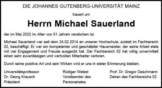 Traueranzeige von Michael Sauerland von vrm-trauer AZ Mainz