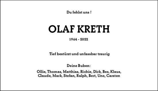 Traueranzeige von Olaf Kreth von vrm-trauer Wiesbadener Kurier