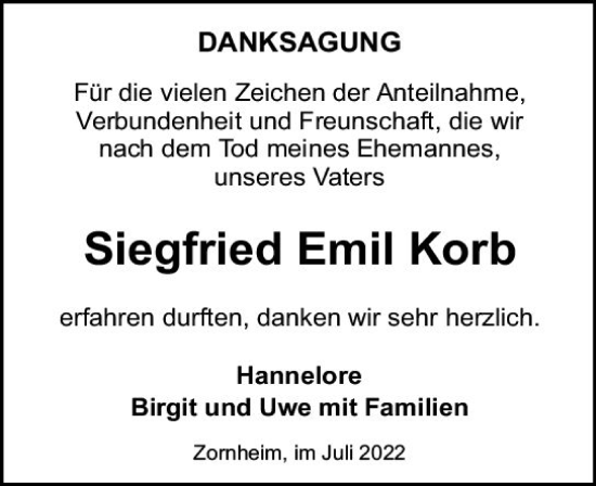 Traueranzeige von Siegfried Emil Korb von vrm-trauer AZ Mainz