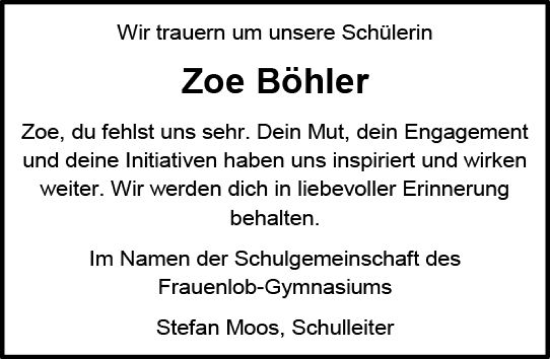 Traueranzeige von Zoe Böhler von vrm-trauer AZ Mainz