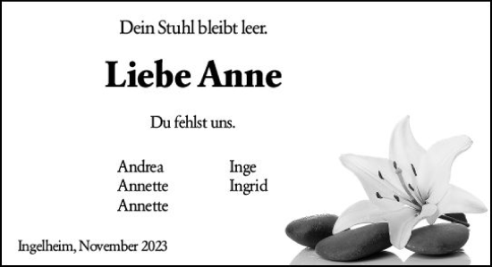 Traueranzeige von Anne  von Allgemeine Zeitung Bingen/Ingelheim