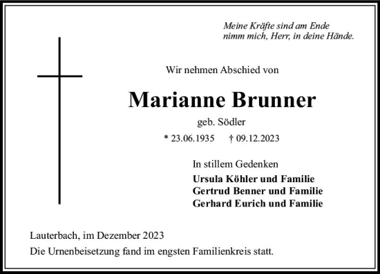 Traueranzeige von Marianne Brunner von VRM Trauer