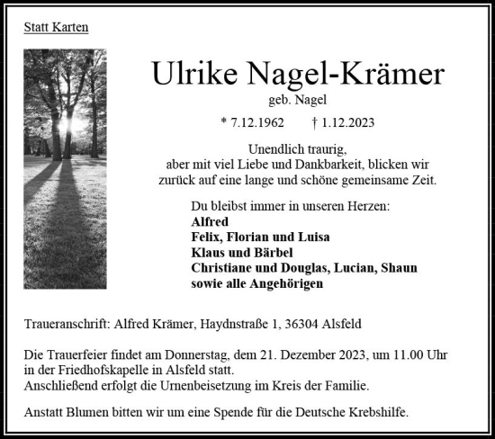 Traueranzeige von Ulrike Nagel-Krämer von Oberhessen Kurier