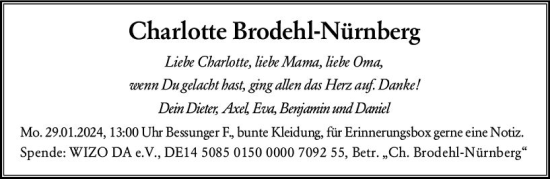 Traueranzeige von Charlotte Brodehl-Nürnberg von Darmstädter Echo
