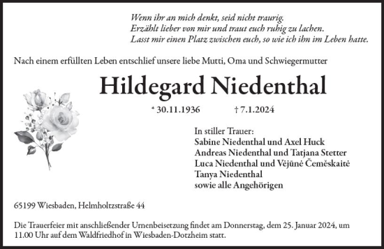 Traueranzeige von Hildegard Niedenthal von Wiesbadener Kurier