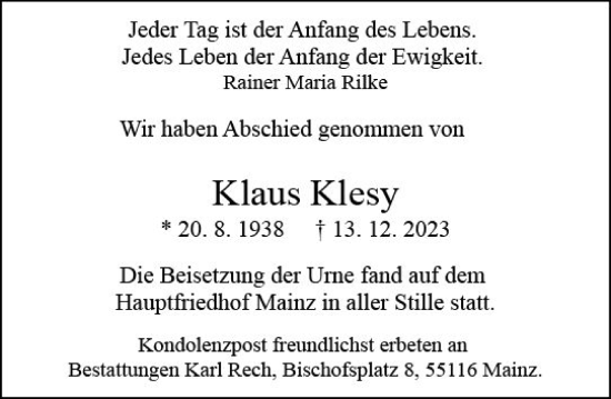Traueranzeige von Klaus Klesy von Allgemeine Zeitung Mainz