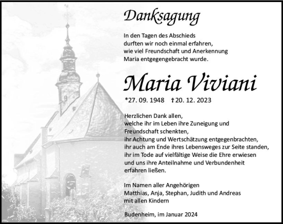 Traueranzeige von Maria Viviani von Allgemeine Zeitung Mainz