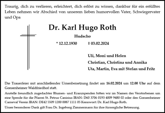 Traueranzeige von Karl Hugo Roth von Allgemeine Zeitung Mainz
