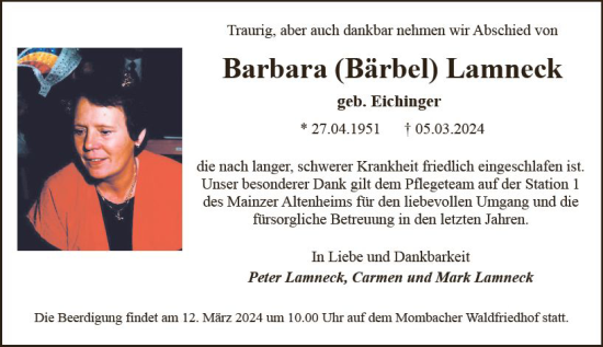Traueranzeige von Barbara Lamneck von Allgemeine Zeitung Mainz