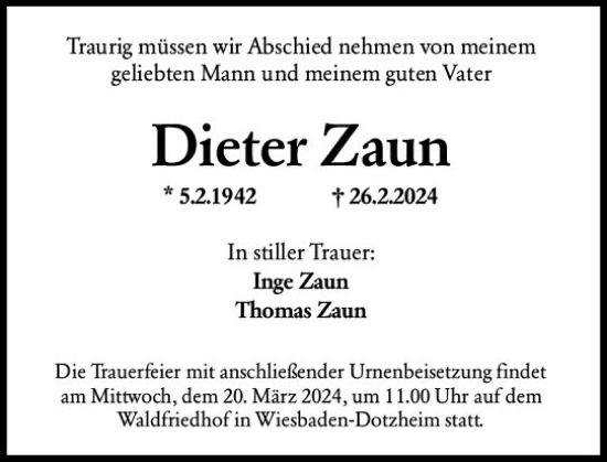Traueranzeige von Dieter Zaun von Wiesbadener Kurier