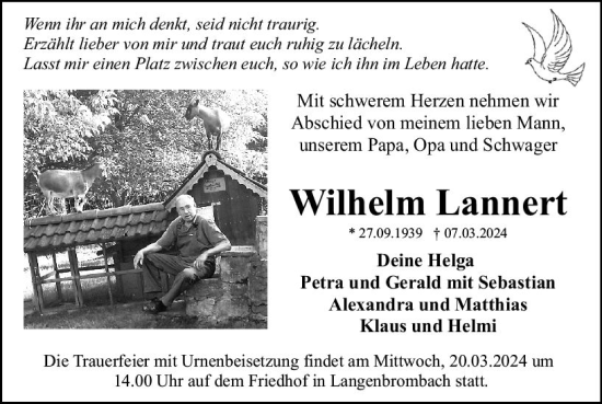 Traueranzeige von Wilhelm Lannert von Odenwälder Echo
