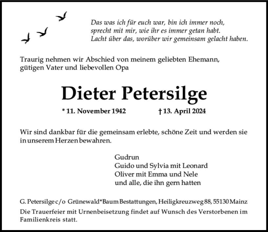 Traueranzeige von Dieter Petersilge von Allgemeine Zeitung Mainz