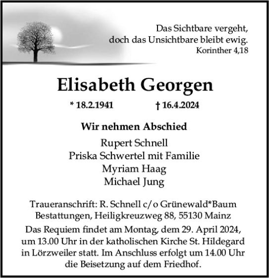 Traueranzeige von Elisabeth Georgen von Allgemeine Zeitung Mainz