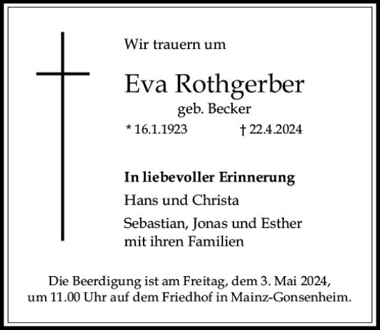 Traueranzeige von Eva Rothgerber von Allgemeine Zeitung Mainz